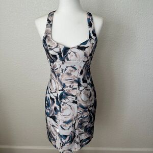 Black Halo Floral Watercolor V Neck Criss Cross Back Sheath Dress Size 4